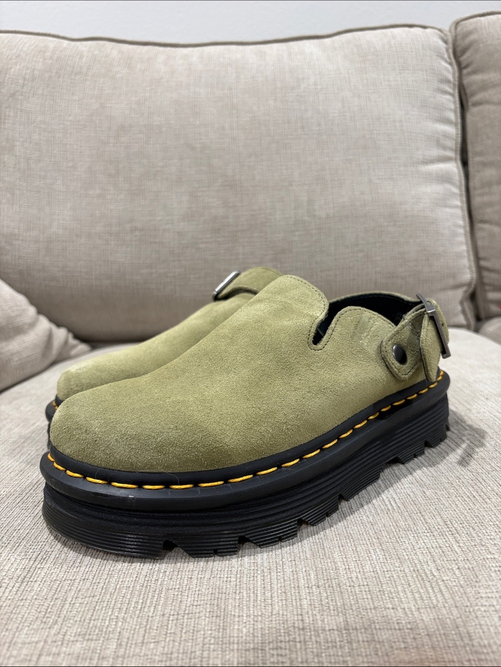 Dr Martens Olive Green Suede Platform Slip-On Women’s Clogs